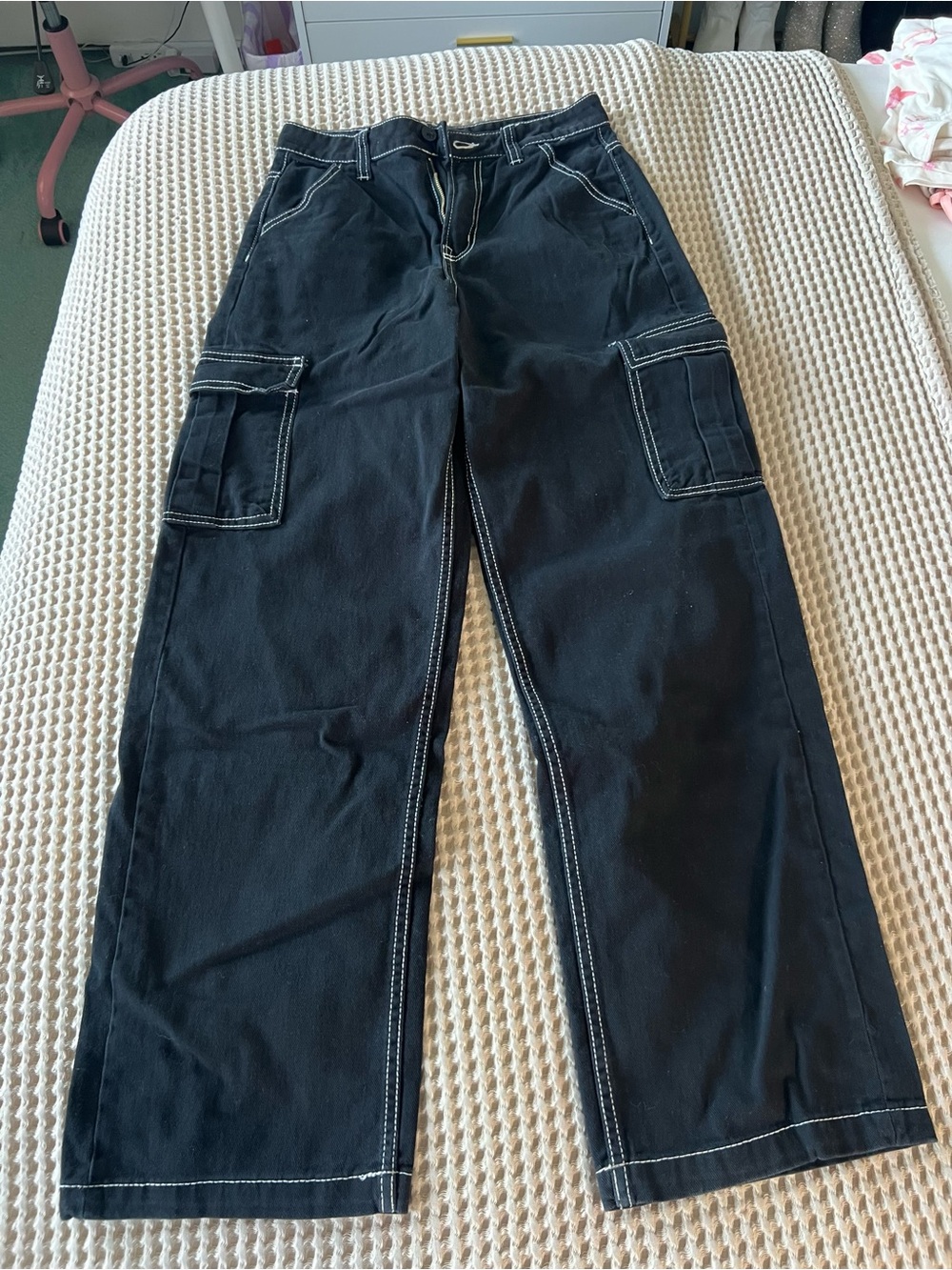 H&M Black Cargo Pants with White Contrast Stitching